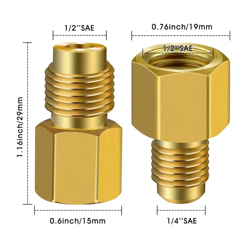 ExcelFu 6 Pieces 6015 R134A Brass Refrigerant Tank Adapter to R12 Fitting Adapter 1/2 Female to 1/4 Male Flare Adaptor Valve Core and 6014 Vacuum Pump 1/4 Inch Flare Female to 1/2 Inch Male - Image 2